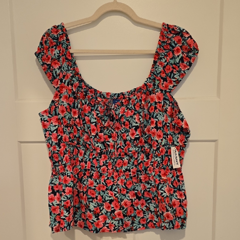 Old Navy Red Floral Smocked Peplum Top